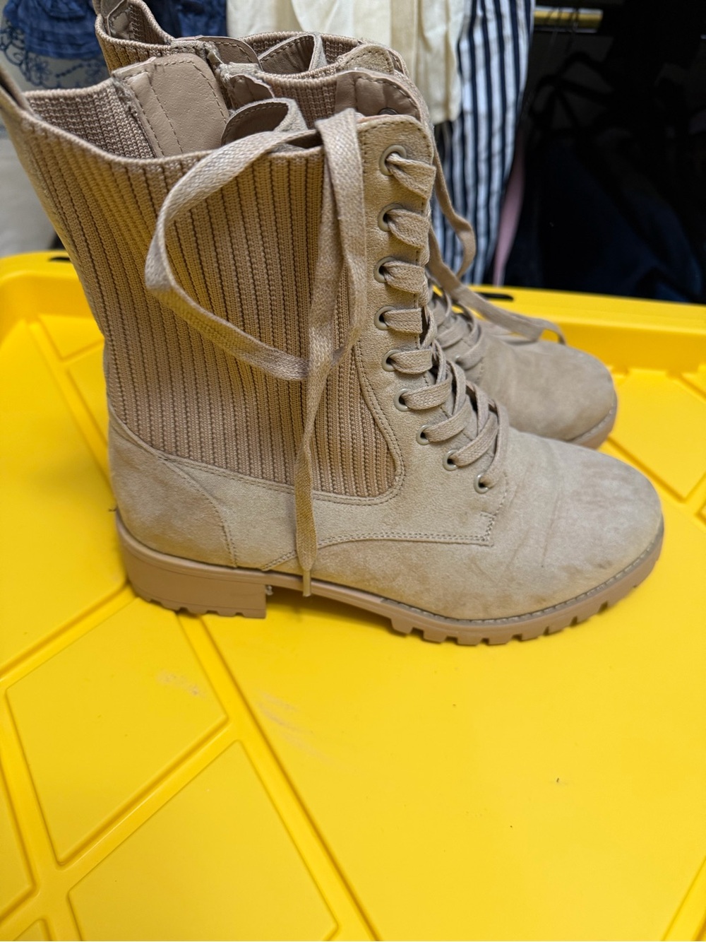 Rib-Knit Lace-Up Women's Combat Boots in Tan